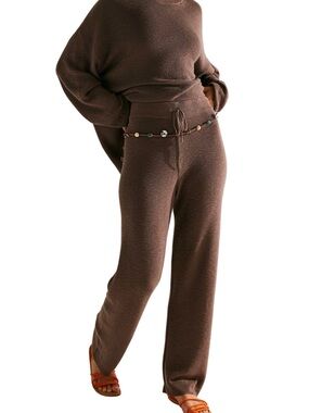 FREE PEOPLE MALIBU SURF SET Brown Knit Wide-Leg Pants with Drawstring Waist